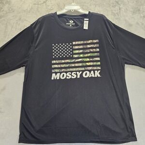 XXL Mossy Oak Camo Flag White Stars Black Long Sleeve Poly Crew Neck T-shirt NWT